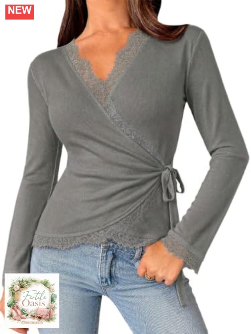 Women's Long Sleeve V-Neck Blouse with Tie Waist - Lace Trim Wrap Stretch